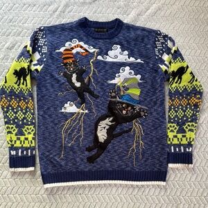 Blizzard Bay Unisex Blue Sweater Halloween Cat Design Sz S